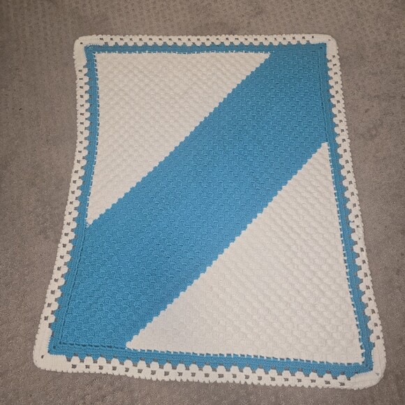 Handmade Other - Vintage Handmade Crochet Afghan Lap Blanket Turquoise White 41x32 Retro